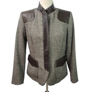 Dana Buchman Brown Tweed Zip Up Vintage Jacket Leather Trim M8 P
